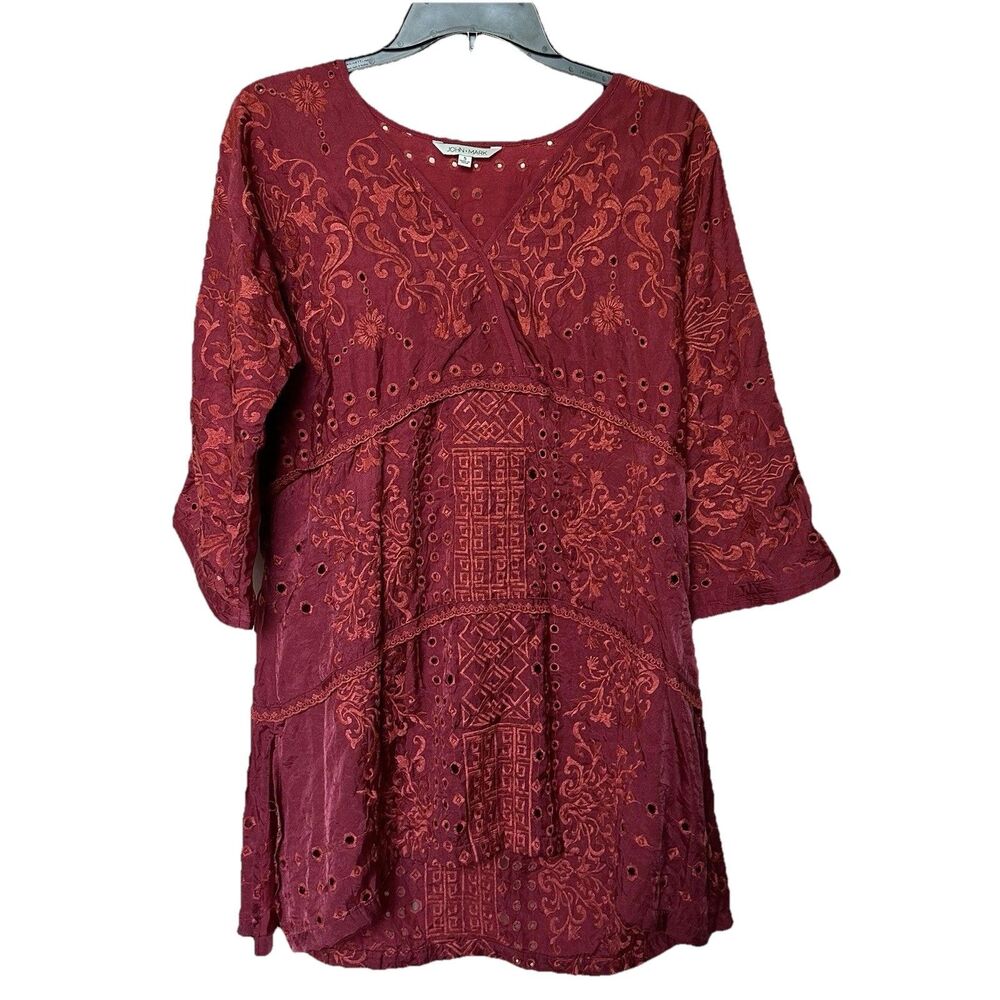 John Mark Tunic Small V-Neck Embroidered Popover Oversized Boho Peasant